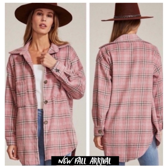 New Fall Pink And Gray Plaid Button Down Shacket - Picture 1 of 4